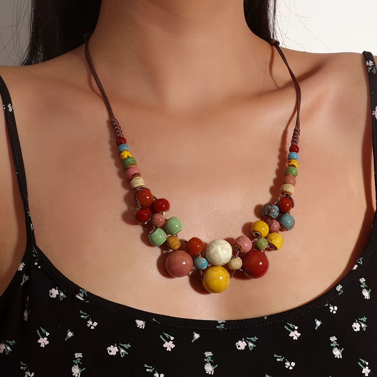 Bohemian Ceramic Bead Necklace Adjustable Chain Handcrafted Ethnic Jewelry